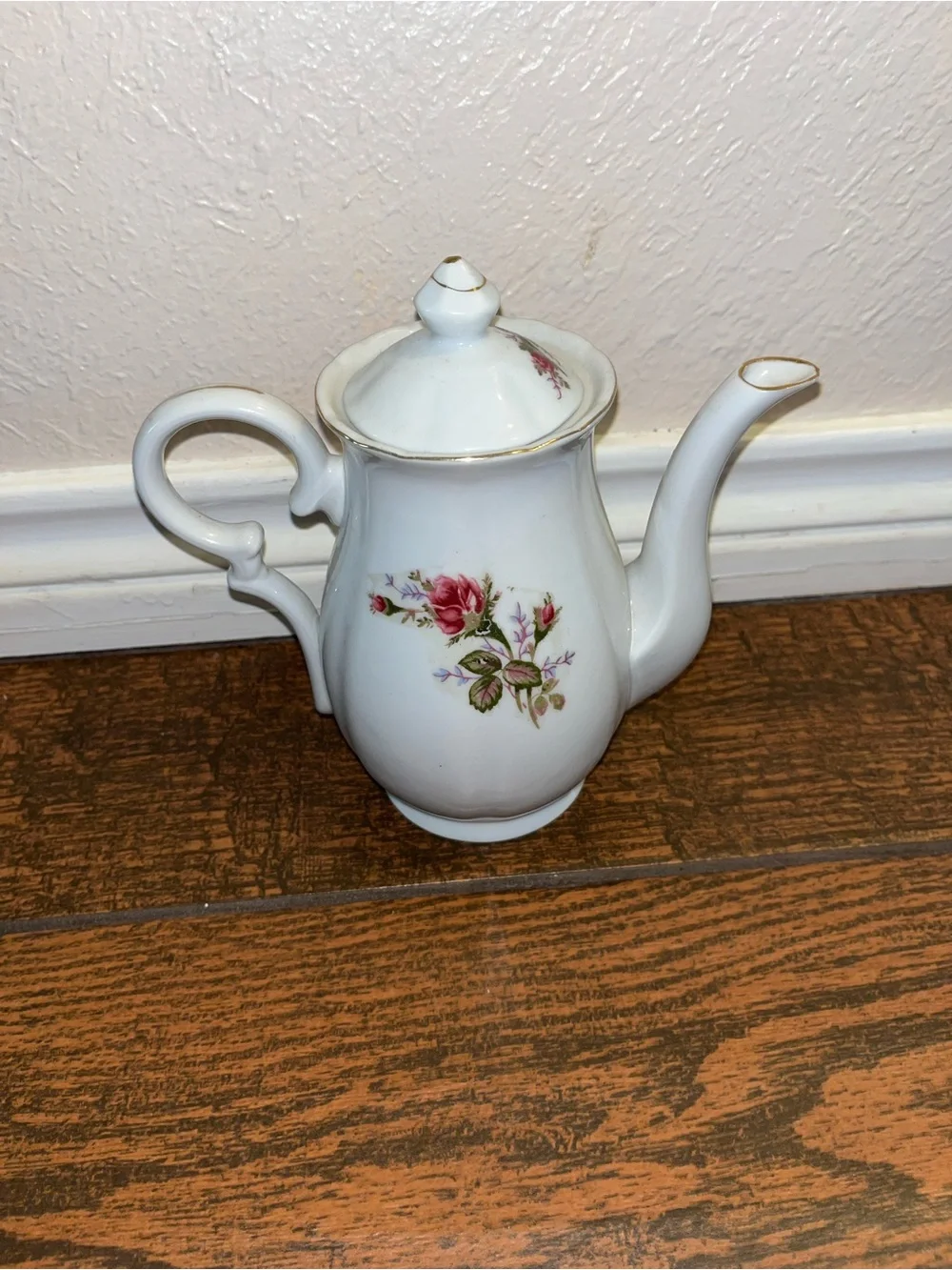 White Porcelain Teapot with Pink Rose Floral Design and Gold Trim